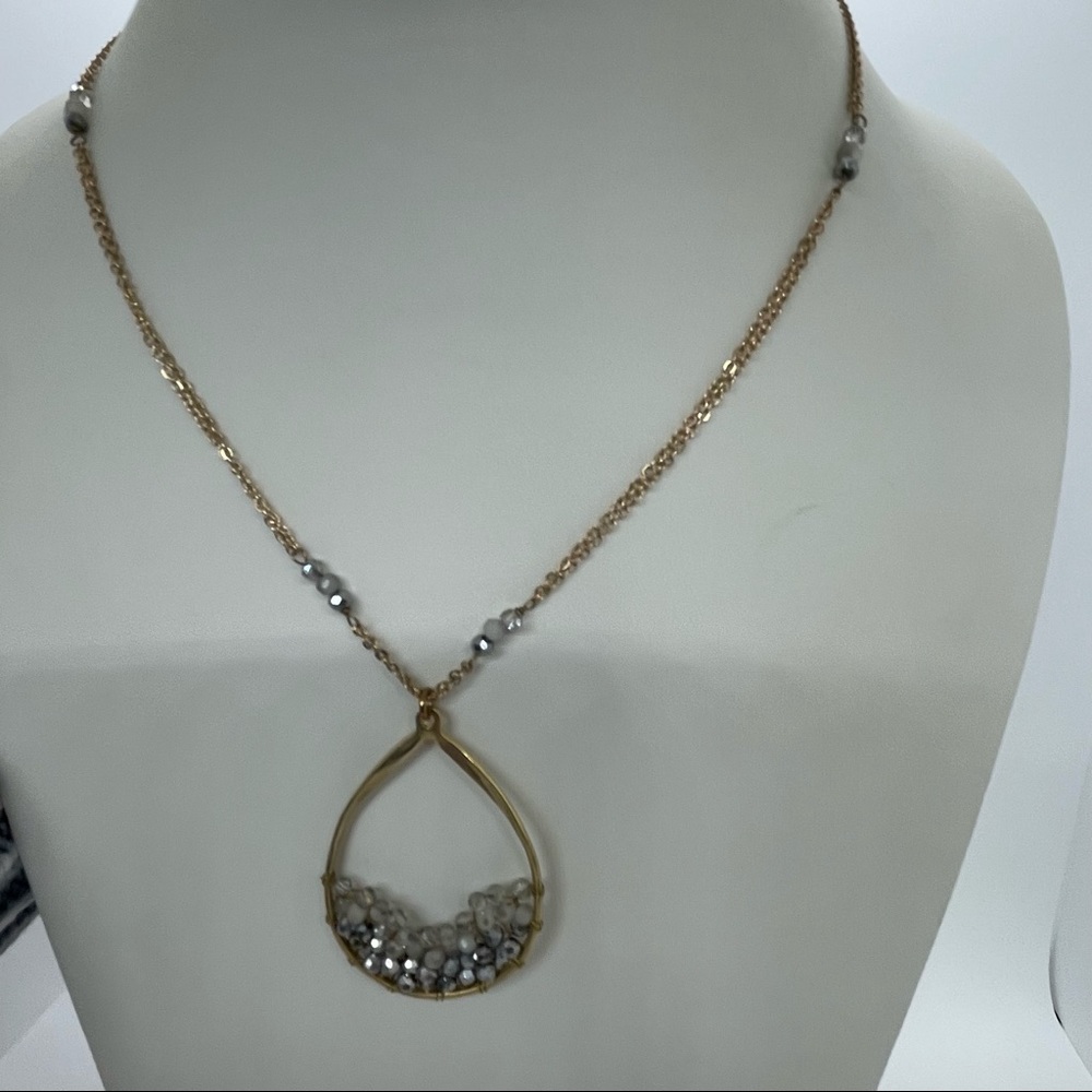 Gold with Gray Stones Tear Drop Necklace